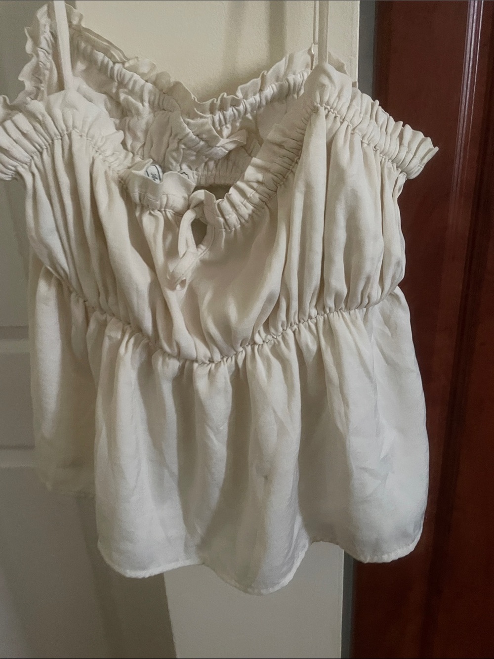 American Eagle Outfitters Cream Smocked Ruffle Camisole with Adjustable Straps